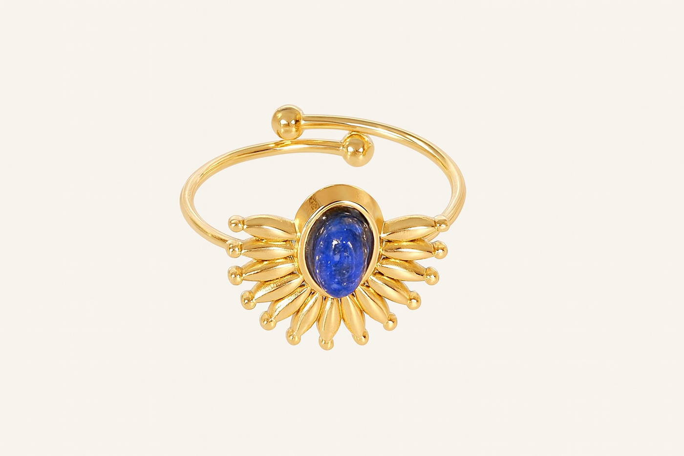 Gold Sunburst Ring with Blue Stone – Adjustable